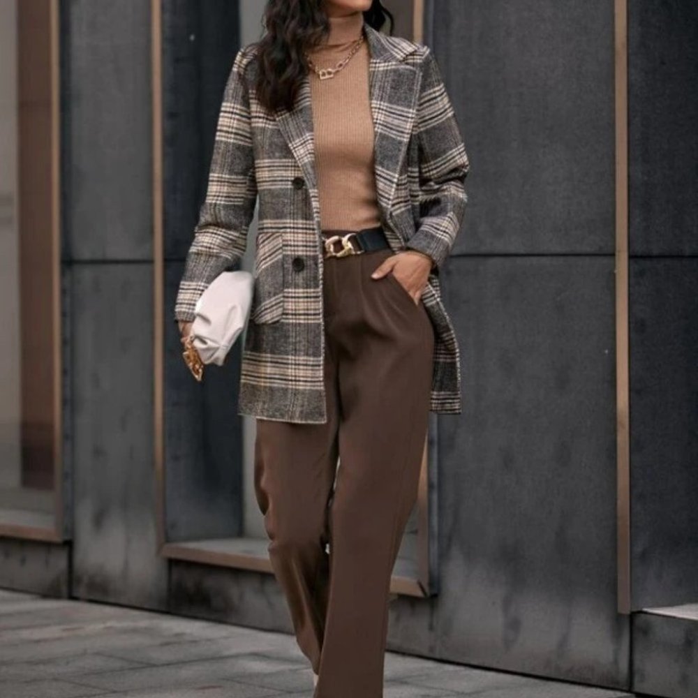 Classic Plaid Print double breasted Pea Overcoat jacket fall/winter - Picture 5 of 10